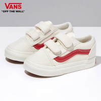 【VANS 官方旗艦】Old Skool V 小童款米白色/紅色條紋滑板鞋