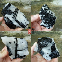 天然黑碧璽電氣石與水晶石英共生原石礦石教學標本能量石一物一圖