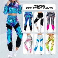 Women Reflective Pants Colorful Laser High Waist Disco Pants Metallic Holographic Trouser Club Dance Performance Hip Hop Joggers