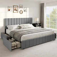King Size Bed Frame, Storage Bed Frame with 4 Drawers, Adjustable Upholstered Headboard Platform Bed &amp; Sturdy Wood Slat Support