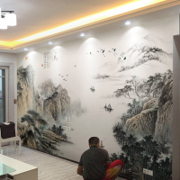 3d新中式電視背景墻壁紙山水畫墻紙家用臥室客廳壁畫影視裝飾墻布