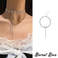 【SECRET BOX】韓國設計閃耀華麗美鑽蝴蝶結長流蘇造型項鍊 頸鍊(美鑽項鍊 蝴蝶結項鍊 長流蘇項鍊)