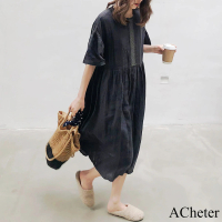 預購 ACheter 日系黑色大碼復古學院風棉麻亞麻短袖圓領寬鬆連身裙減齡中長洋裝#117548(黑)