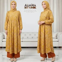 Almira One Set Wanita Kekinian Tunik Ruffle Rayon Premium Outfit Baju Setelan Celana Kulot LD 110 cm