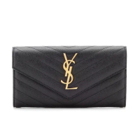 【YSL】SAINT LAURENT Monogram 皮革 信封式 扣式 皮夾 長夾 黑色 金色 372264