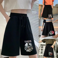 Women's Fashion Shorts Harajuku Loose Elastic Waistband Student Cropped Pants Samurai Series Printed Simple Female Shorts