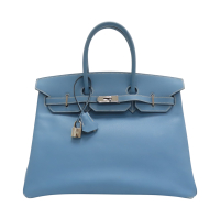 【二手名牌BRAND OFF】HERMES 愛馬仕 藍色 皮革 Birkin 35 柏金包 手提包 □I刻