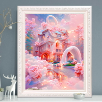 唯美粉色玫瑰城堡風景鉆石畫2023新款小幅貼鉆十字繡客廳臥室滿鉆