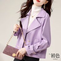 初色 法式素色大翻領插肩袖風衣外套-紫色-64195(M-2XL可選)