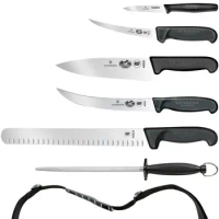 Victorinox Swiss Army 7-Piece Natural Competition BBQ Set with Black Fibrox Pro Handles and Knife Roll (46135US2)