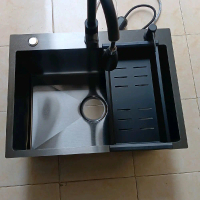 Kitchen Sink 6045 black Komplit set kran tarik Hitam