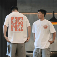 Gothic letter logo creative print short sleeve men's fashion handsome casual sports loose youth top 