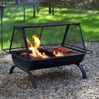 Fire Pits, 36-Inch Northland Outdoor Rectangular Fire Pit with Cooking Grill, Poker, and Spark Screen - Black Finish,Fire Pits
