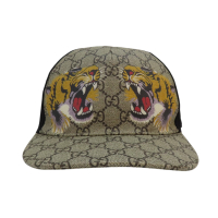 【二手名牌BRAND OFF】GUCCI 古馳【再降價】棕色 PVC塗層帆布 GG Supreme 老虎印花 棒球帽 L 426887