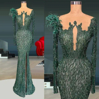 Dark Green Mermaid Prom Dress Long Sleeves V Neck Feather Appliques Sequins Evening Gowns Side Slit Pageant Gowns Bridal Gowns