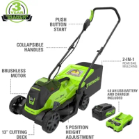 Greenworks 24V 13" Brushless Cordless (Push) Lawn Mower, 4.0Ah Battery and Charger Included Bud Trimmer Lawn Mower Robot