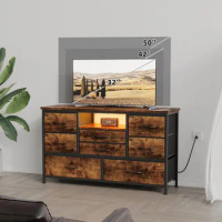 8 Dresser TV Stand with Power Outlet &amp; LED for 55'' TV Wide Console Table for Storage in Closet, Living Room, Entryway, Wood Top