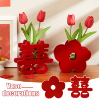 2 Pcs Chinese Style Retro Flocking Fabric Mini Double Happiness Vase Flower Arrangement Wedding Room Layout Decor Ornaments