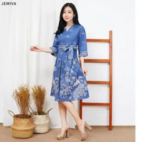 Evercloth Jemiva Dress Batik Wanita Ikat Pita Pinggang Dress Wanita Batik Modern Gaun Pesta Aline Te