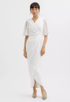 Cloth Inc Drapery Sleeve Overlap Tulip Midi Dress in White