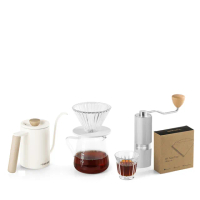 手沖咖啡組合D(精靈玻璃濾杯/尖嘴分享壺500ml/濾紙/手沖壺600ml/玻璃杯2入/M1競速磨豆機/兩色可選)