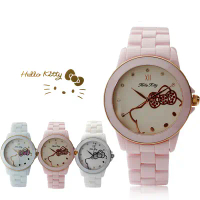 【HELLO KITTY】 LK673 三麗鷗正版授權 粉嫩色系晶鑽陶瓷石英腕錶-金色