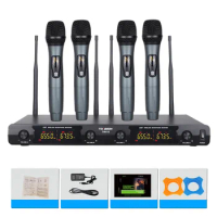 4D Wireless Microphone 4 Channel Uhf Wireless Handheld Microphone System Uhf Cordless Dynamic Mic for Party Church Show Meeting