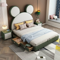 兒童皮床雙人床現代簡約小戶型抽屜臥室軟包米奇男孩床網紅卡通床