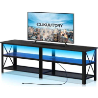 Modern Black 63 Inch TV Stand with LED Lights and Power Outlets for 40 50 55 60 65 70 Inch TVs, 3 Tier Wood TV Console