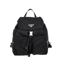 PRADA 經典三角牌LOGO單扣雙口袋小款束口尼龍後背包 (黑色)