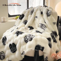 Super Warm Gradient Faux Rabbit Fur Velvet Fleece Blanket, Plush Blanket, Throw Double Layer, Cashmere Coral, Fluffy Quilt Cover