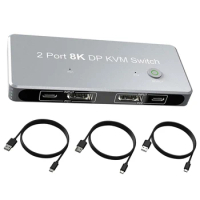 2 Port DisplayPort 8K KVM Switch DP DisplayPort Monitor 8K@30Hz 4K@144Hz with 3X USB2.0 Port Sharing One USB Keyboard Mouse