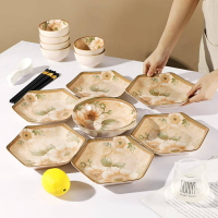 新款 中式 家用 陶瓷 菜盤 飯碗 餐具 組合 高 顏值 復古 風 茉莉 拼盤 套裝 中式陶瓷餐具 復古