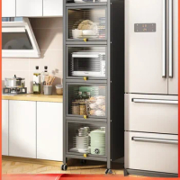 Kitchen shelves with doors, crevice cabinets, dishes, pans, appliances, seasonings, seam lockers