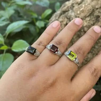 Cincin Ring Perak Silver bali 925 kotak persegi ukir Daun Batu Hijau Peridot Garnet Onyx Natural pri