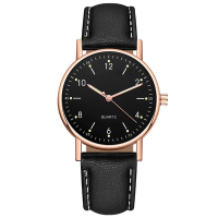 Geneva 日內瓦-米歇爾商務簡約中性數字標手錶-黑帶黑面玫金框/36mm