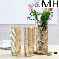 歐式鍍金水晶玻璃花瓶彩色直筒插花客廳擺件裝飾大號落地臺面