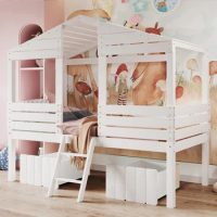 Stylish Twin Size Low Loft Wood House Bed with Cabinet and Shelves, Children’s Favorite Furniture
