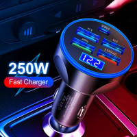 250W 5 in 1 USB Car Charger Type C PD 12V Cigar Jack Fast Charging Adapter for iPhone 12 Pro Max 14 Plus 13 Huawei Oneplus