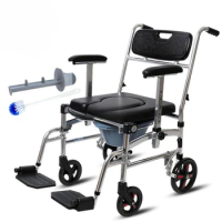 Elderly commode chair with wheels, bath chair, enlarged toilet, portable folding aluminum alloy small wheelchair with toilet