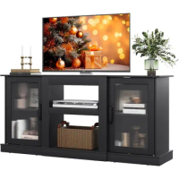 Retro TV Stand for 65 Inch TV, TV Console Cabinet with Storage, Open Shelves Entertainment Center for Living Room and Bedroom