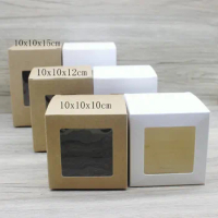 Wholesale 50Pcs 10x10x10/12/15cm gifts package box kraft box with window white paper gifts box party suppiles package