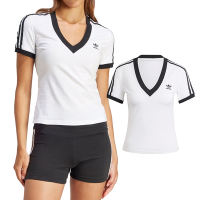 Adidas 3 S V-neck Tee 女款 白色 三條紋 V 領 修身 上衣 運動 休閒 短袖 IR8114
