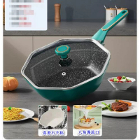 家用麥飯石不粘鍋八角炒菜鍋【抗菌】加厚帶蓋【耐磨耐用】綠】【規格：32CM】 