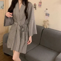 Long Wears Homewear Belt Women Pajama With For Sleepwear Autumn Robe Night Nightgown Striped Nightdress New Sleeve Japanese 2023