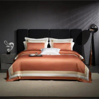 4Pcs 100%Egyptian Cotton 1000TC Bedding Set Queen King Frame Patchwork Orange/White Color Duvet Cover Bed Sheet Pillowcases
