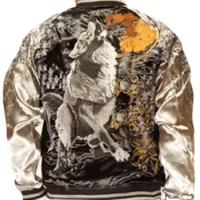 Wolf King Moon Black Men Boy Reversible Double-sided High Street Streetwear Vintage Sakura Embroidered Sukajan Souvenir Jacket