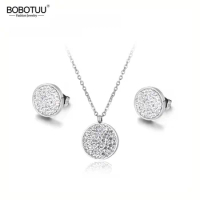 BOBOTUU Trendy Stainless Steel Wedding Necklace Earrings Jewelry Classic Pave Setting CZ Crystal Circle Sets For Women BSE016