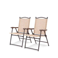 Folding Chairs, Lounge Chairs with Armrest, Patio Dining Chairs with Mesh Backrest and Sturdy Metal Frame, Brown