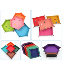 Storage Tray Foldable Dice Tray Box PU Leather Folding Hexagon Key Storage Coin Square Tray Dice Game for Table Board Games